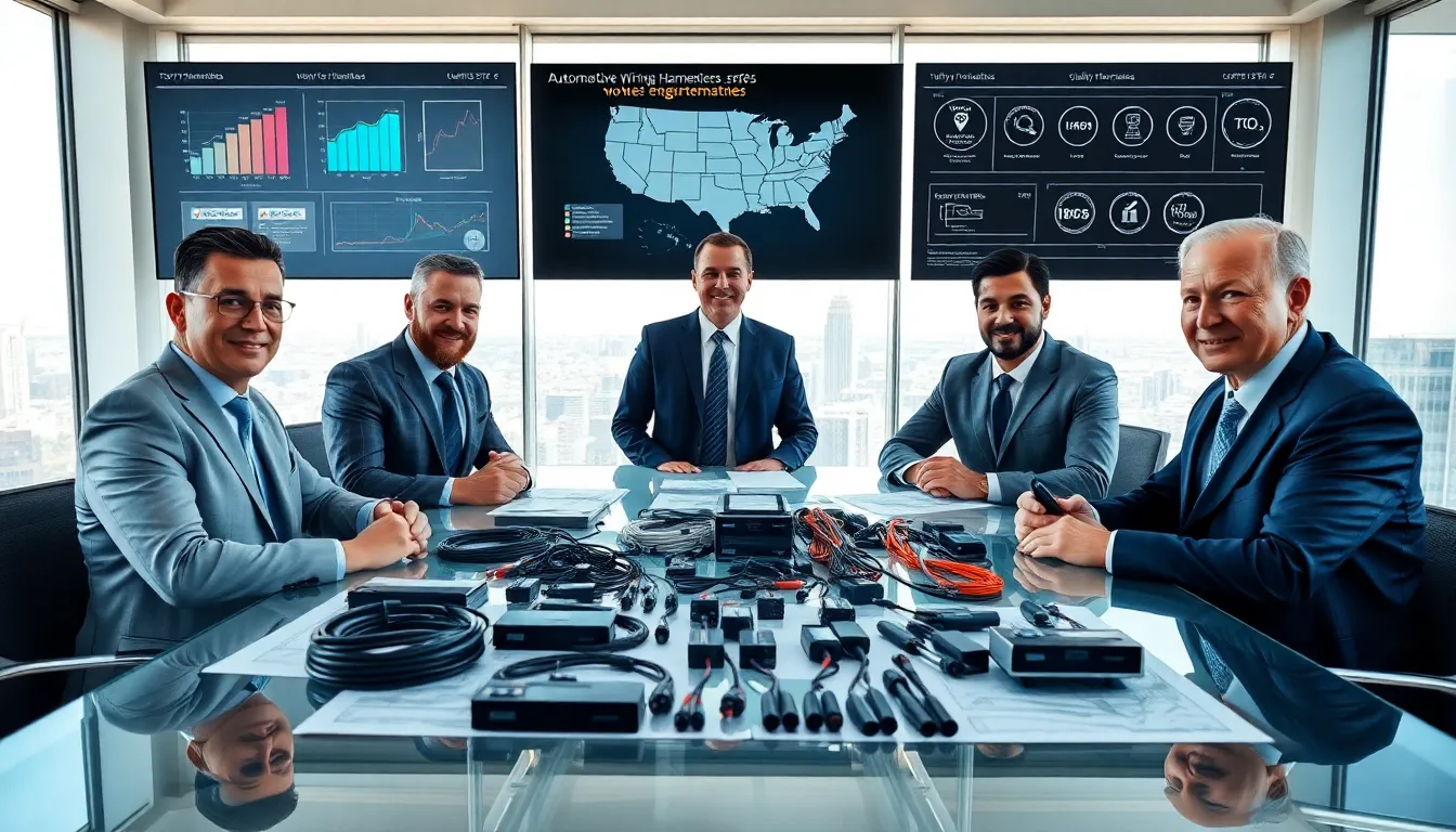 executives reviewing automotive wiring harnesses in a modern office