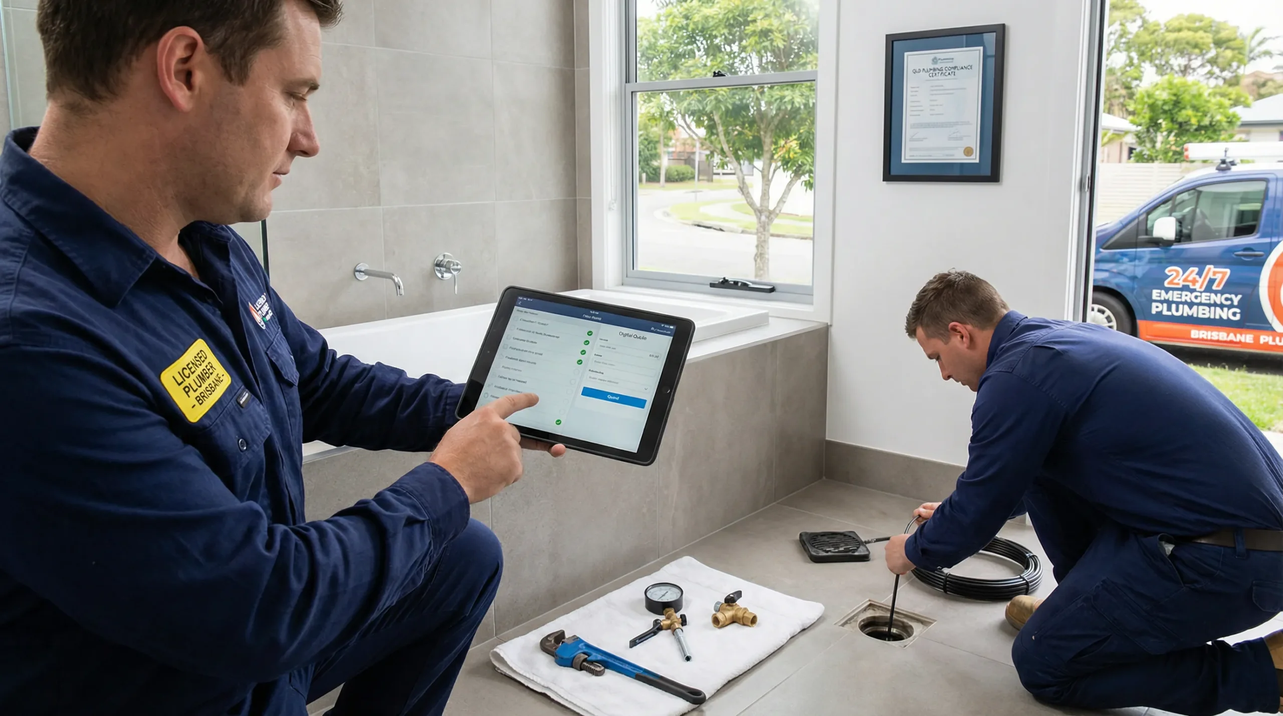 licensed brisbane plumbers inspecting a drain and preparing an itemised quote